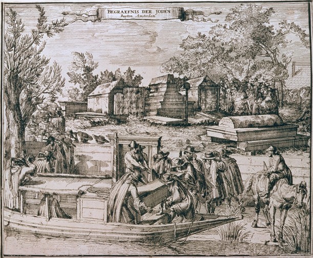 Aankomst van de trekschuit bij de Portugese begraafplaats in Ouderkerk aan de Amstel, 1680. Romeyn de Hooghe.
