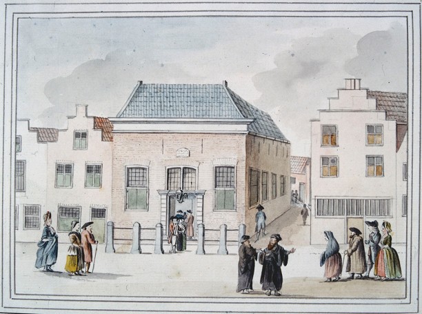 Joden voor de sjoel aan het Leevendaal te Leiden gebouwd in 1762, circa 1788 J. Timmermans.