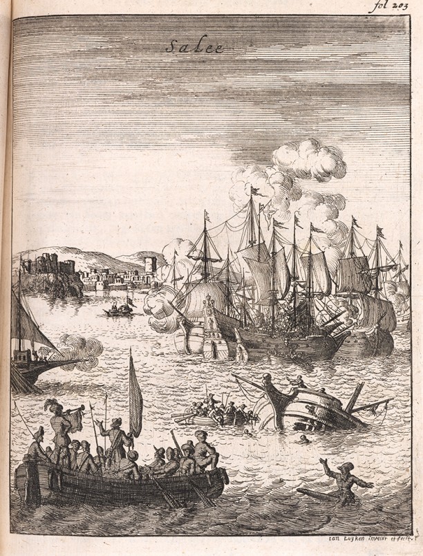 Afbeelding van Salé in Noord-Afrika uit P. Dan, Historie van Barbaryen en deszelfs Zee-rovers (Amsterdam, 1684), p. 203.