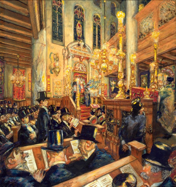 Synagogedienst in de Grote Synagoge ter gelegenheid van het driehonderdjarig bestaan van de Amsterdamse Hoogduitse Gemeente op 14 november 1935 Martin Monnickendam, 1935.