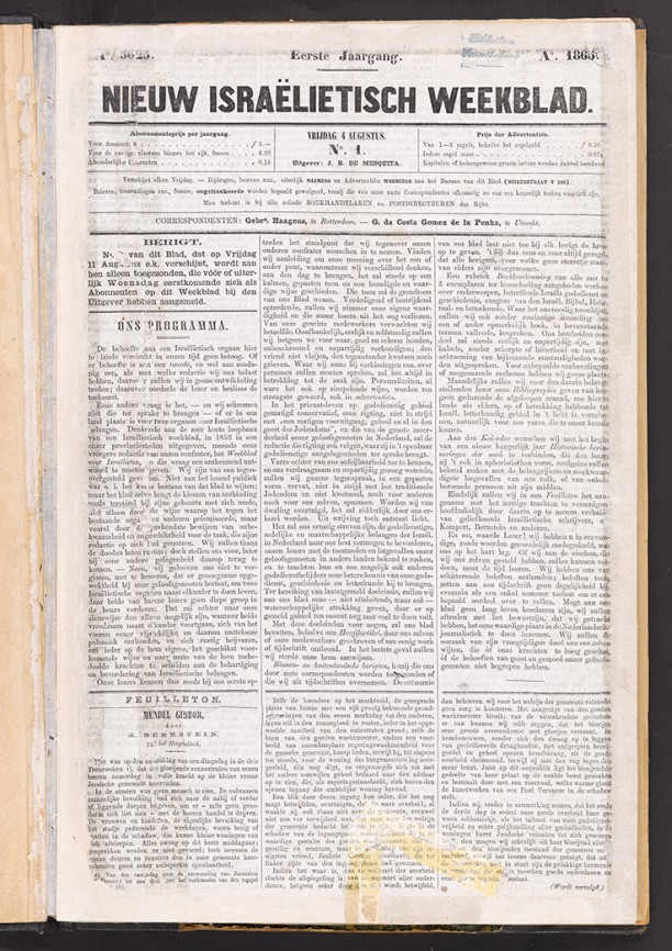 Voorpagina van het eerste nummer van het Nieuw Israëlietisch Weekblad uit 1865.