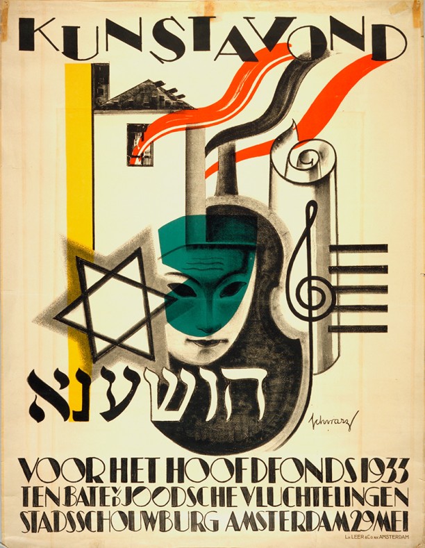 Dit affiche van Samuel Schwarz is uitgegeven ter gelegenheid van een kunstavond voor het Hoofdfonds ten bate van de Joodse Vluchtelingen, die werd gehouden in de Stadsschouwburg van Amsterdam op 29 mei 1933. Afgebeeld staan onder andere: een brandend huis, de davidster, een masker, een viool en een G-sleutel met notenbalk.